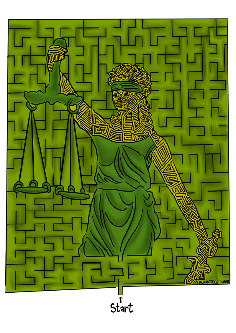  An illustration of Lady Justice, with blindfold and scales, surrounded by a maze on a green background.