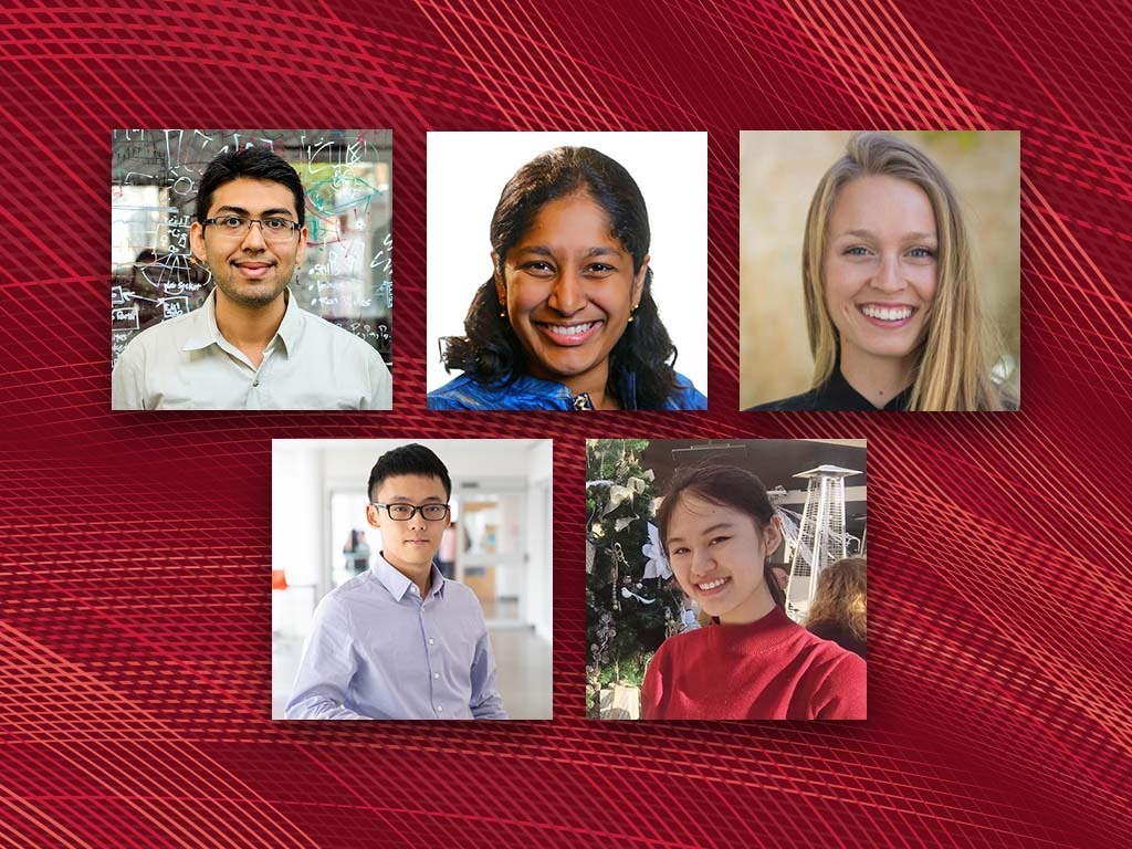  Combined portraits of the 2022 Siebel Scholars: Karan Ahuja, Priya Donti, Yasmine Kotturi, Ryan Shi and Kayo Yin.