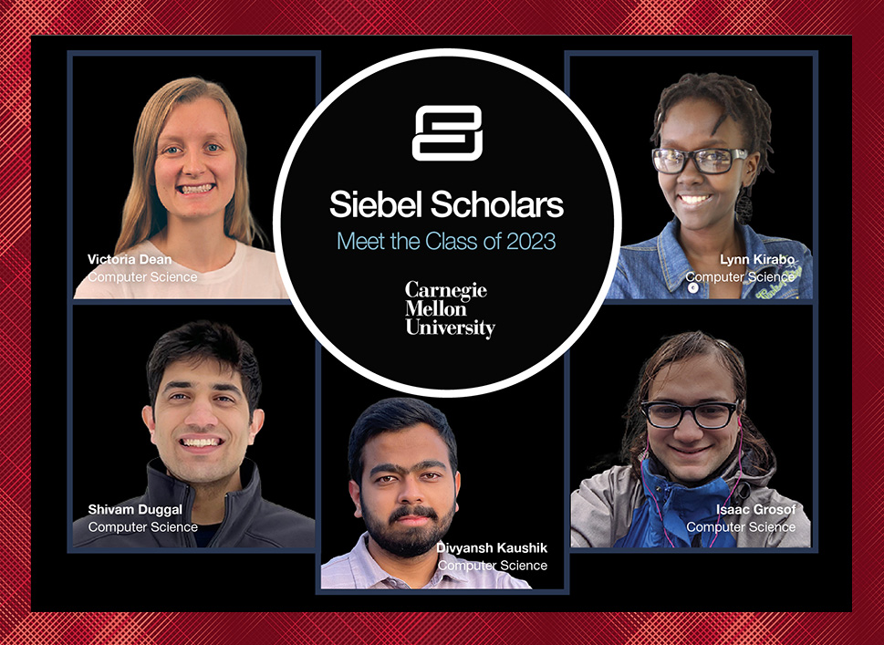  Collaged portraits of the Siebel Scholars: Victoria Dean, Shivam Duggal, Isaac Grosof, Divyansh Kaushik and Lynn Kirabo