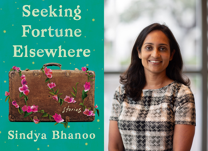  The cover of Seeking Fortune Elsewhere shows a suitcase draped with flowers against a green background. The author's portrait is also included in this image.