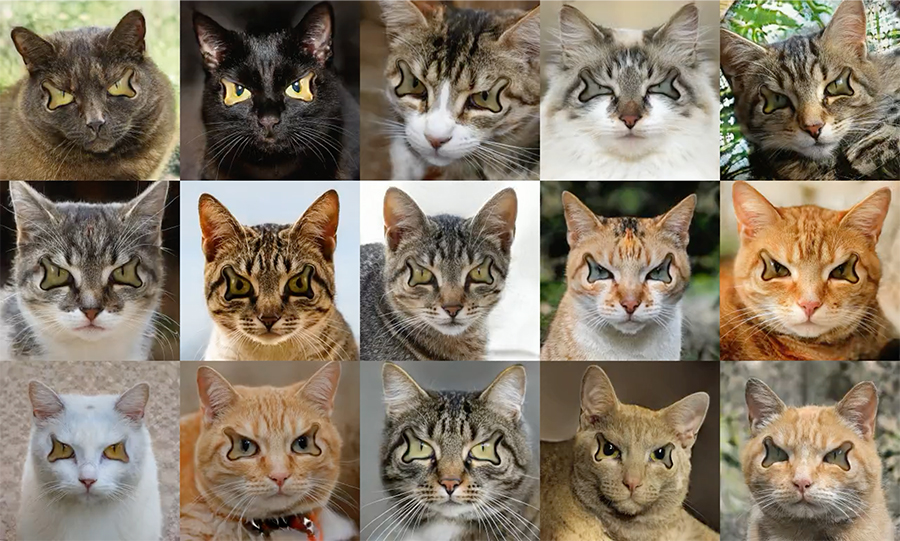  A collage of cats with altered eyes that make them look more sinister.